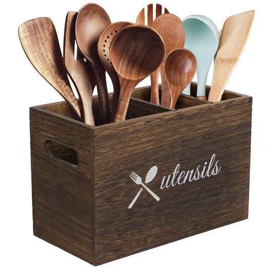 3 Compartment Wooden Kitchen Utensil Holder Organizer with 2 Adjustable Dividers
